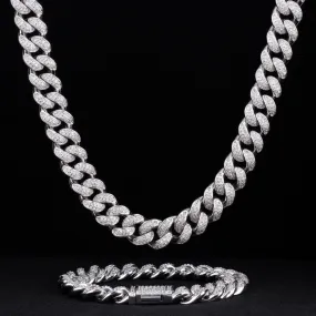 12mm Iced Out Cuban Link Necklace and Bracelet Set in White Gold KRKC