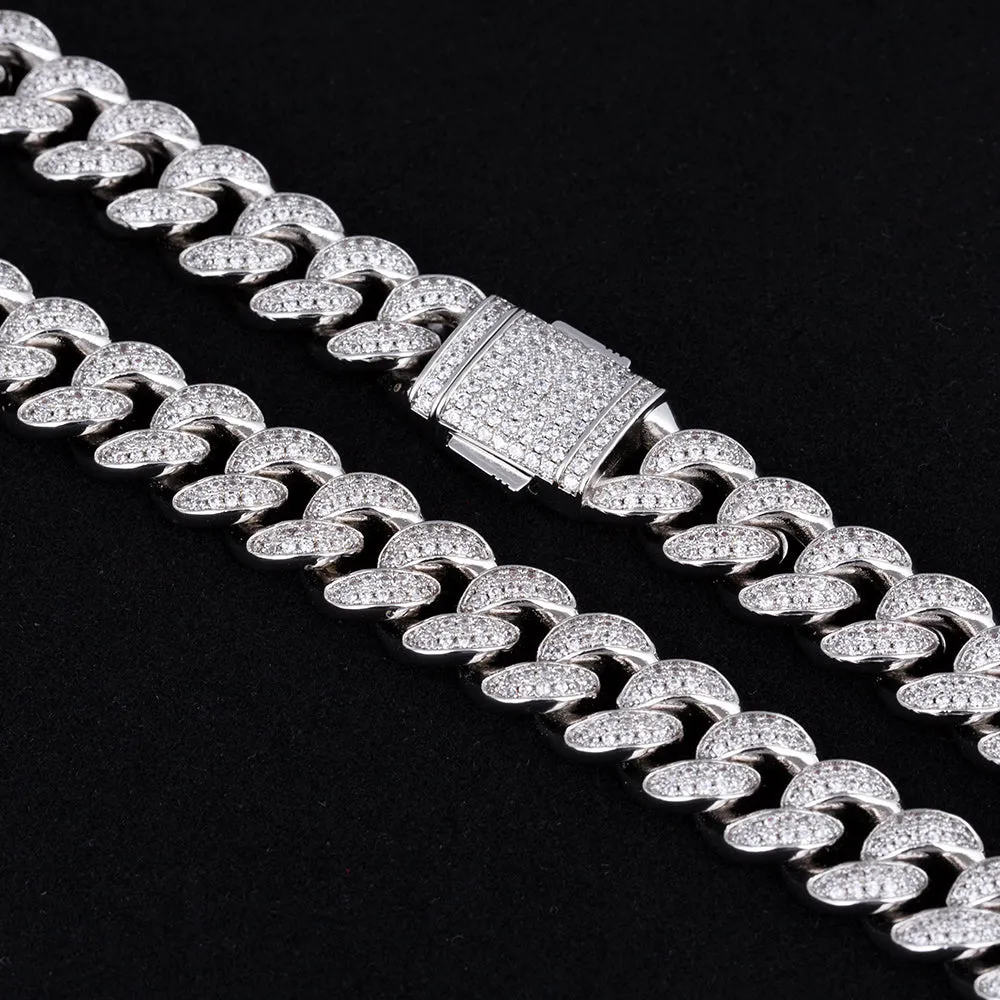 12mm Iced Out Cuban Link Necklace and Bracelet Set in White Gold KRKC