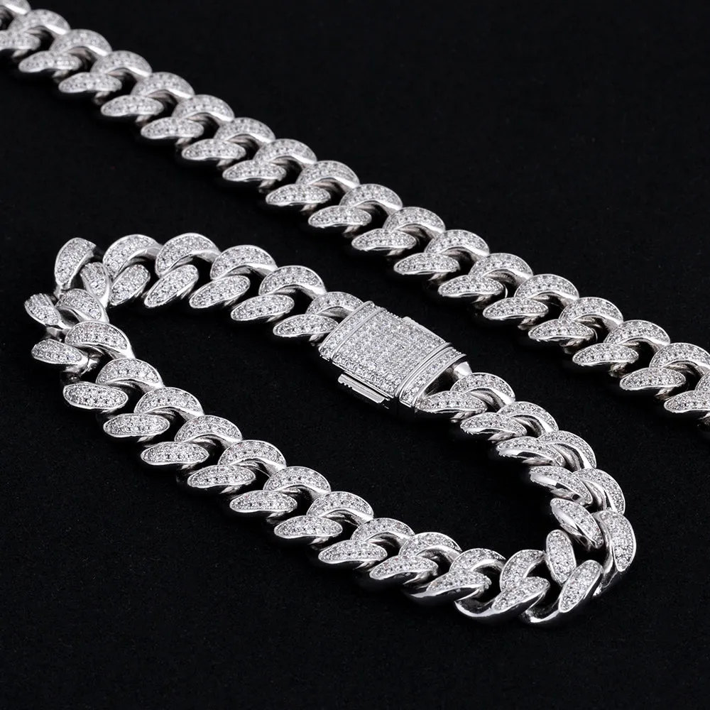 12mm Iced Out Cuban Link Necklace and Bracelet Set in White Gold KRKC