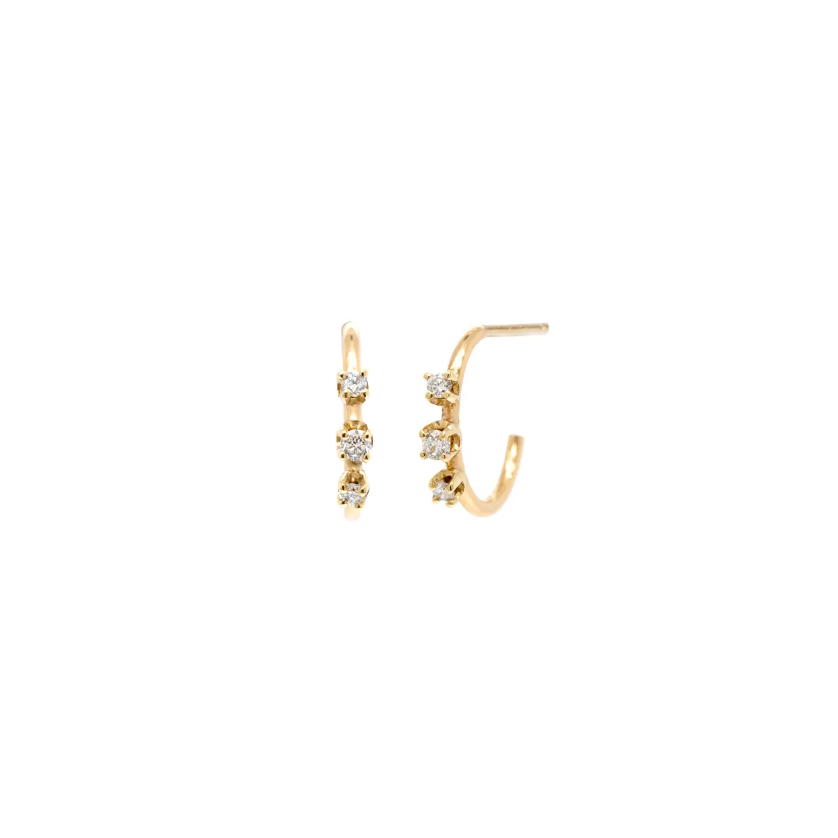 14k 3 Prong Diamond Huggie Hoops