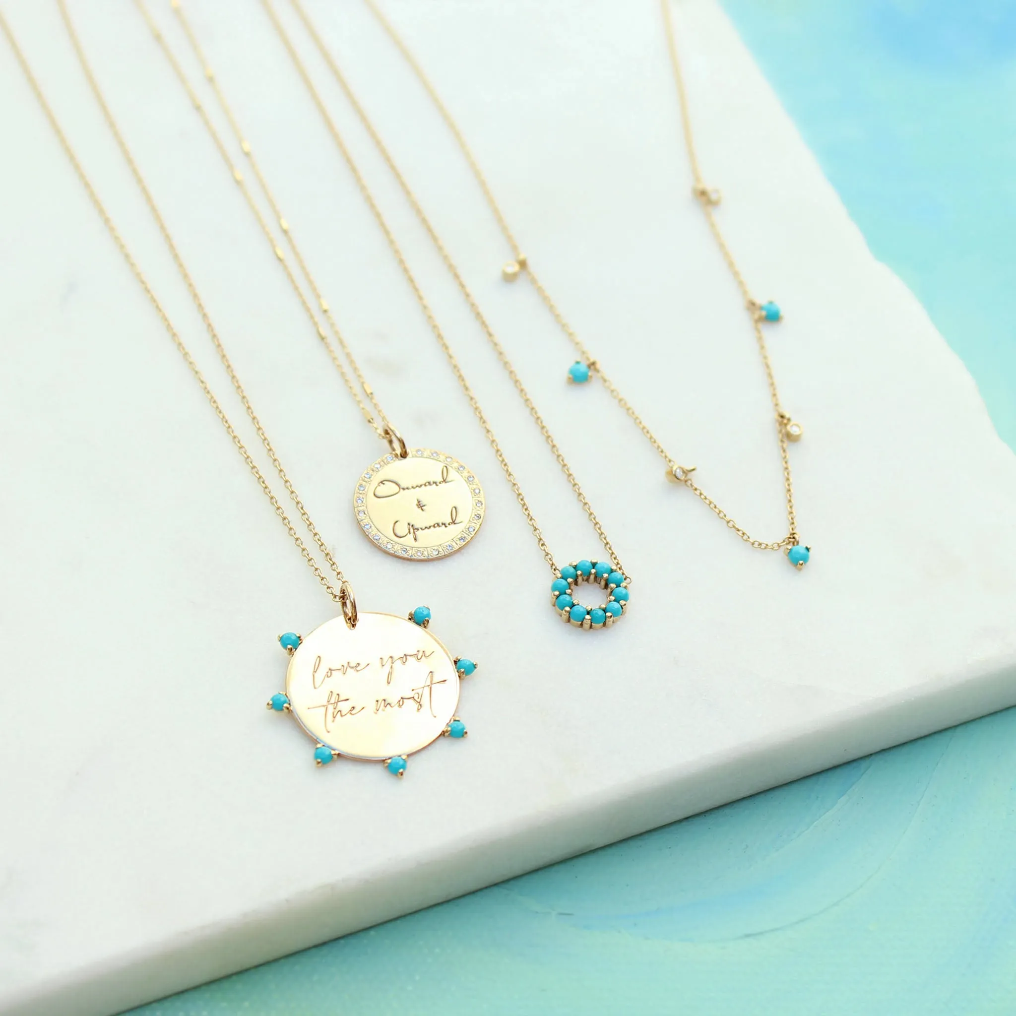 14k Medium love you the most Disc with Prong Turquoise Necklace