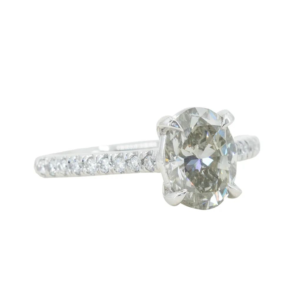 1.50ct Oval Grey Diamond and French Set Diamond Cathedral 4 Prong Solitaire in Platinum