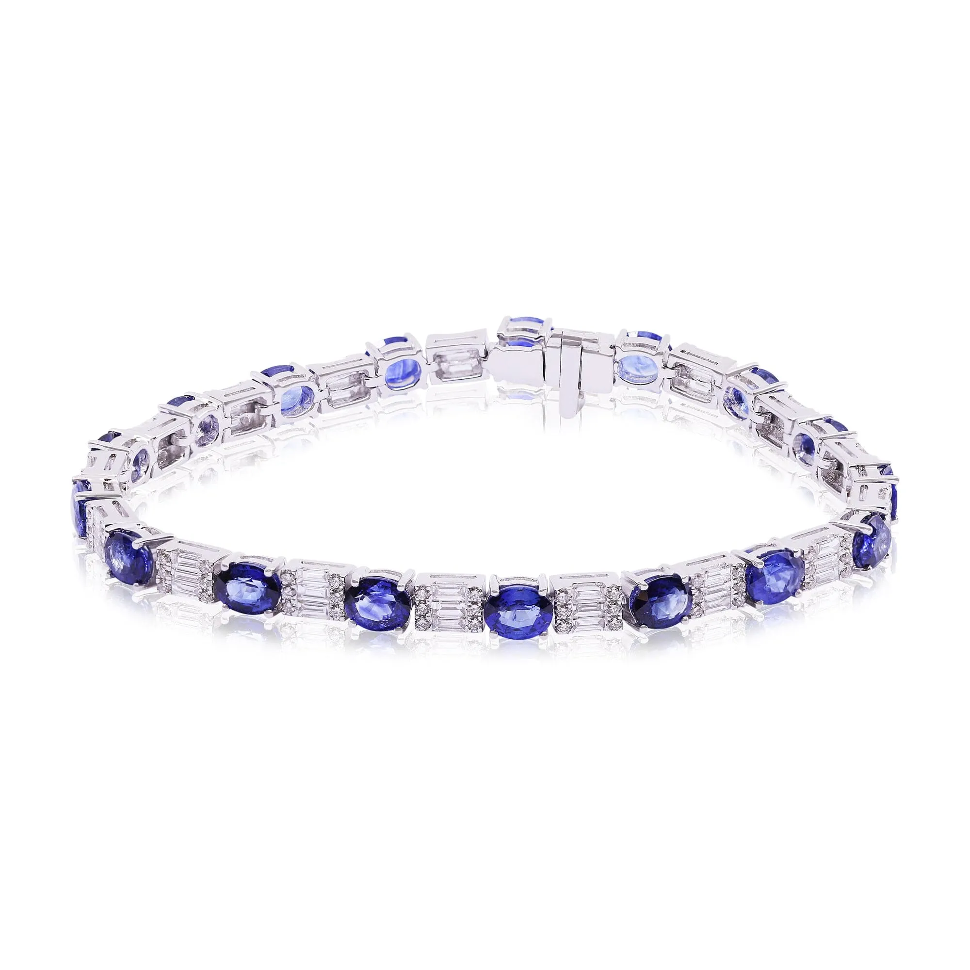 18K WHITE GOLD STRAIGHT LINE OVAL SAPPHIRE, ROUND DIAMOND AND BAGUETTE TENNIS BRACELET 2.24CTW