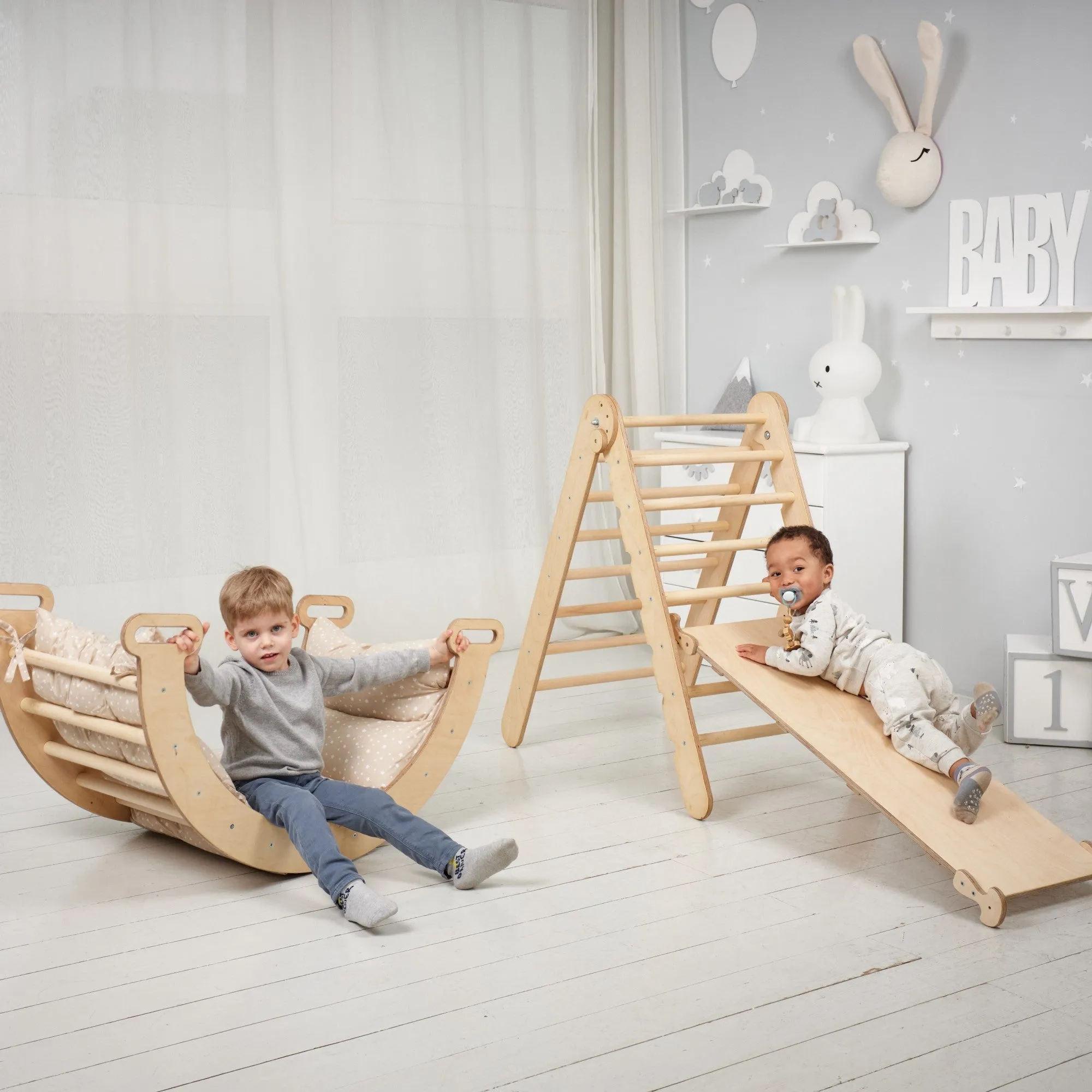 3in1 Montessori Climbing Set: Triangle Ladder   Wooden Arch   Slide Board – Beige NEW