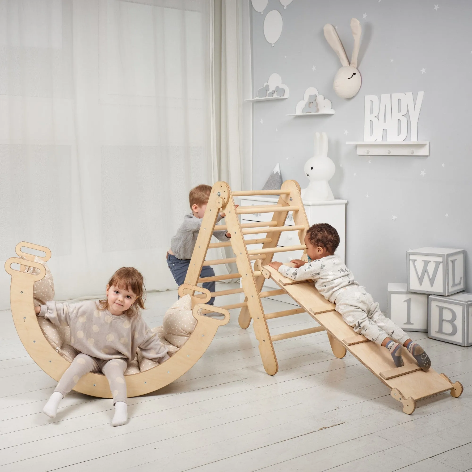 3in1 Montessori Climbing Set: Triangle Ladder   Wooden Arch   Slide Board – Beige NEW