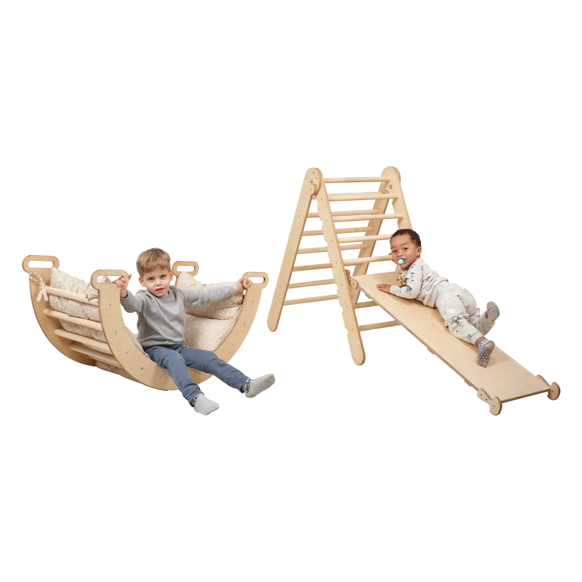 3in1 Montessori Climbing Set: Triangle Ladder   Wooden Arch   Slide Board – Beige NEW