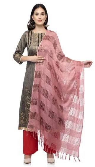 A R Silk Women's Cotton Window Check Rose Pink Regular Dupatta