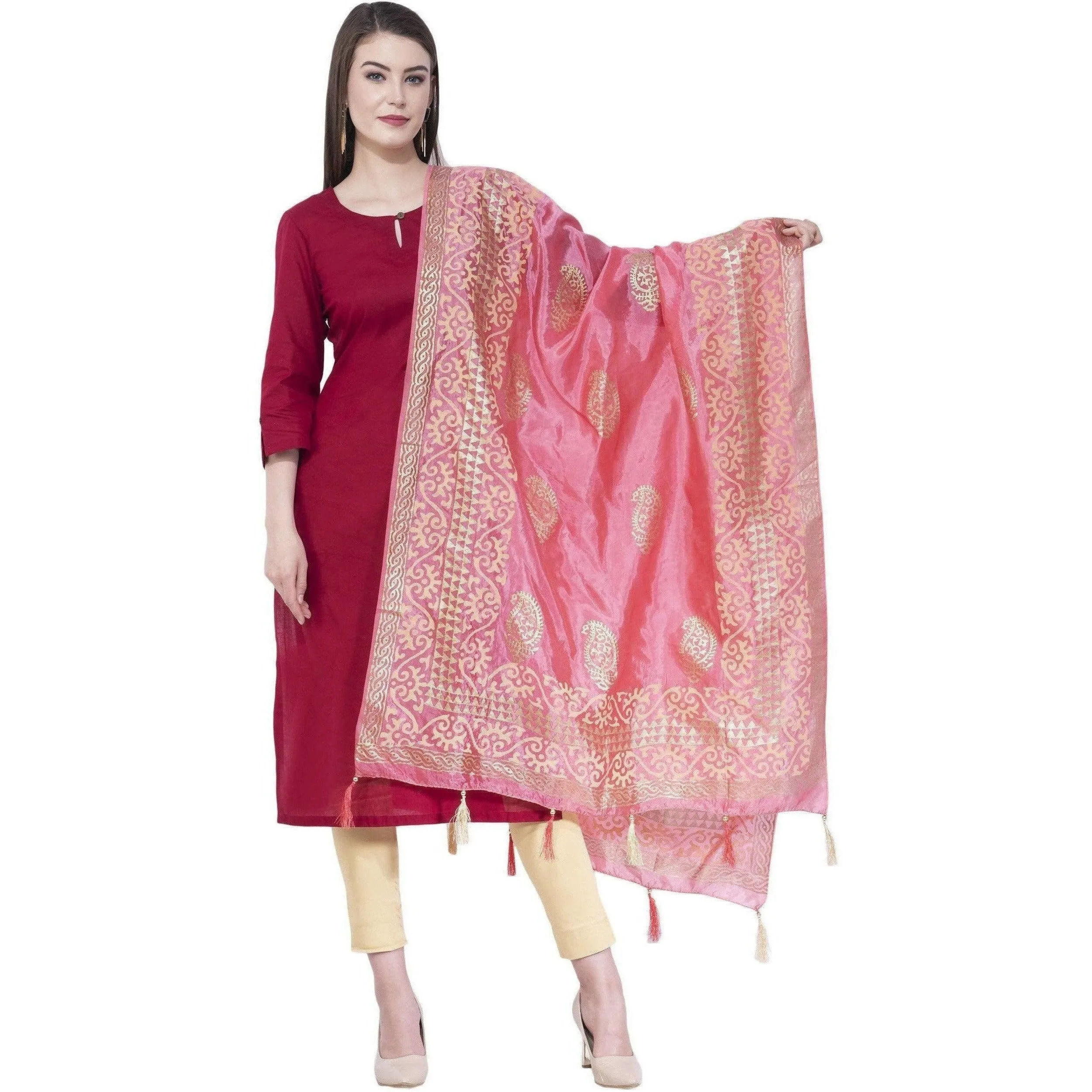 A R Silk Women's Gold Print Silk Light Pink Dupattas and Chunnis