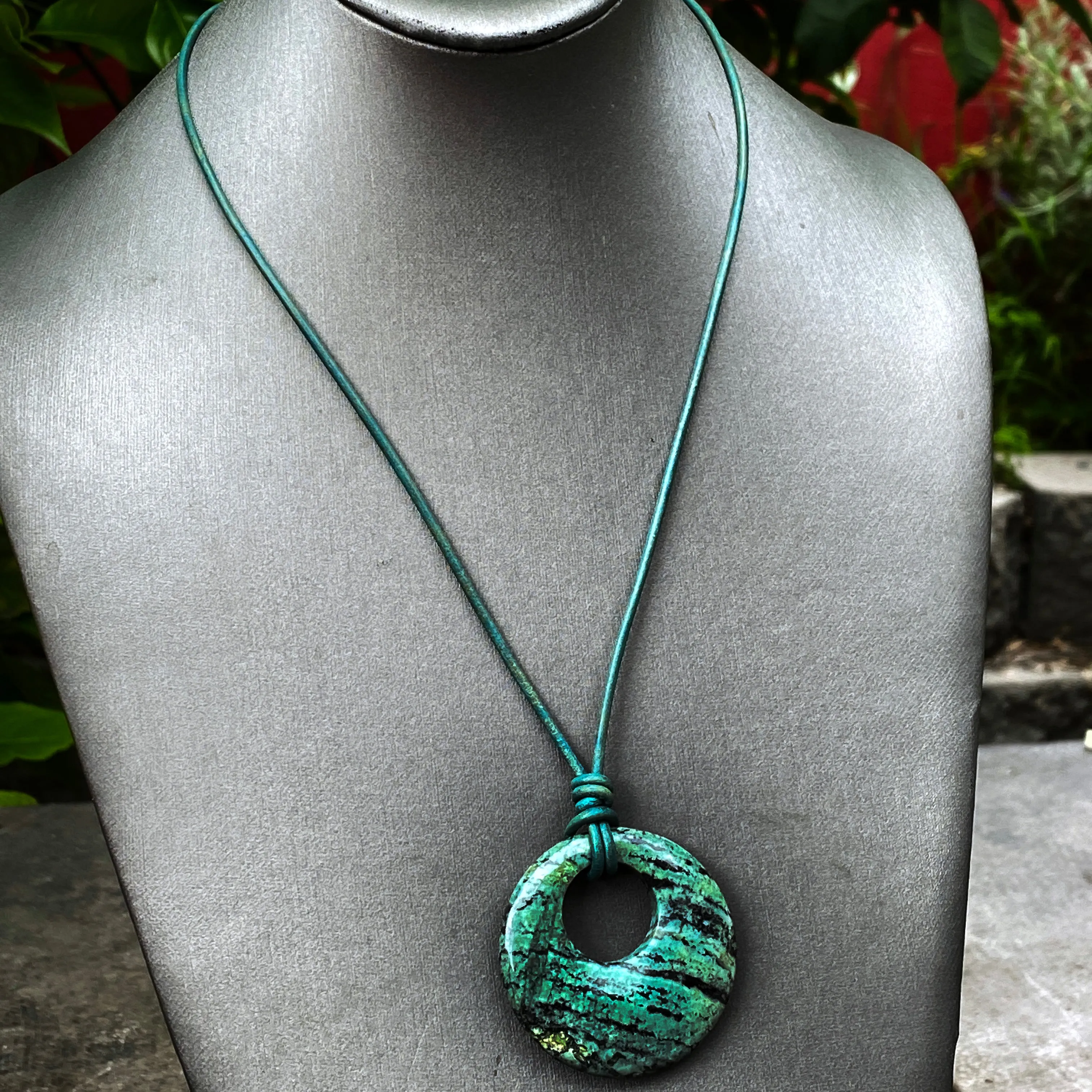 African Turquoise Pendant leather necklace