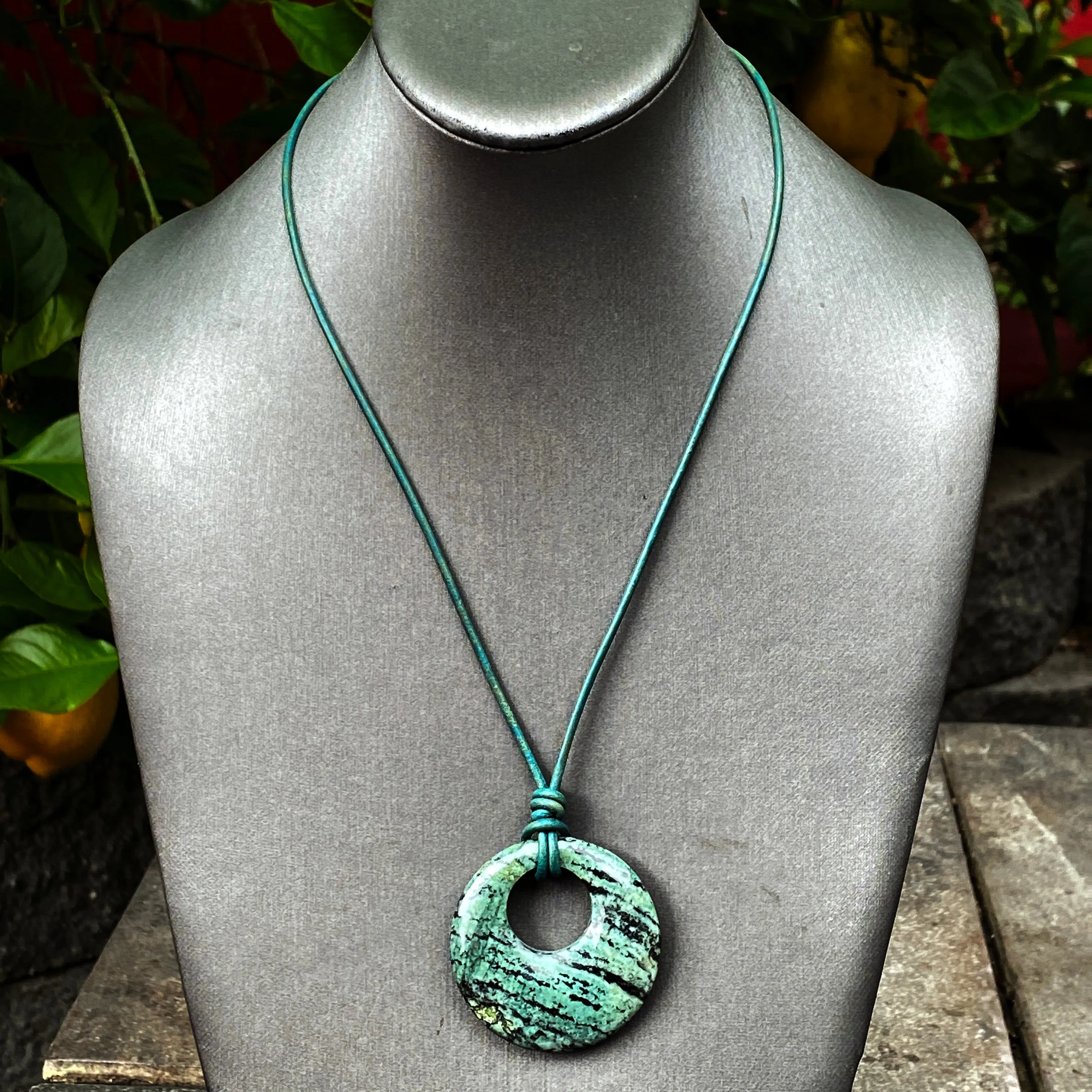 African Turquoise Pendant leather necklace