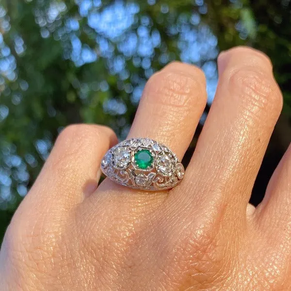 Art Deco Emerald & Diamond Filigree Ring