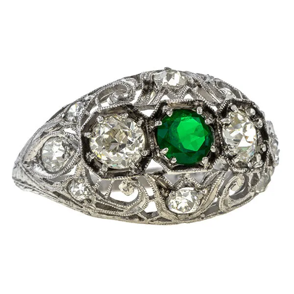 Art Deco Emerald & Diamond Filigree Ring