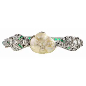 Art Deco Natural Pearl, Emerald & Diamond Bracelet