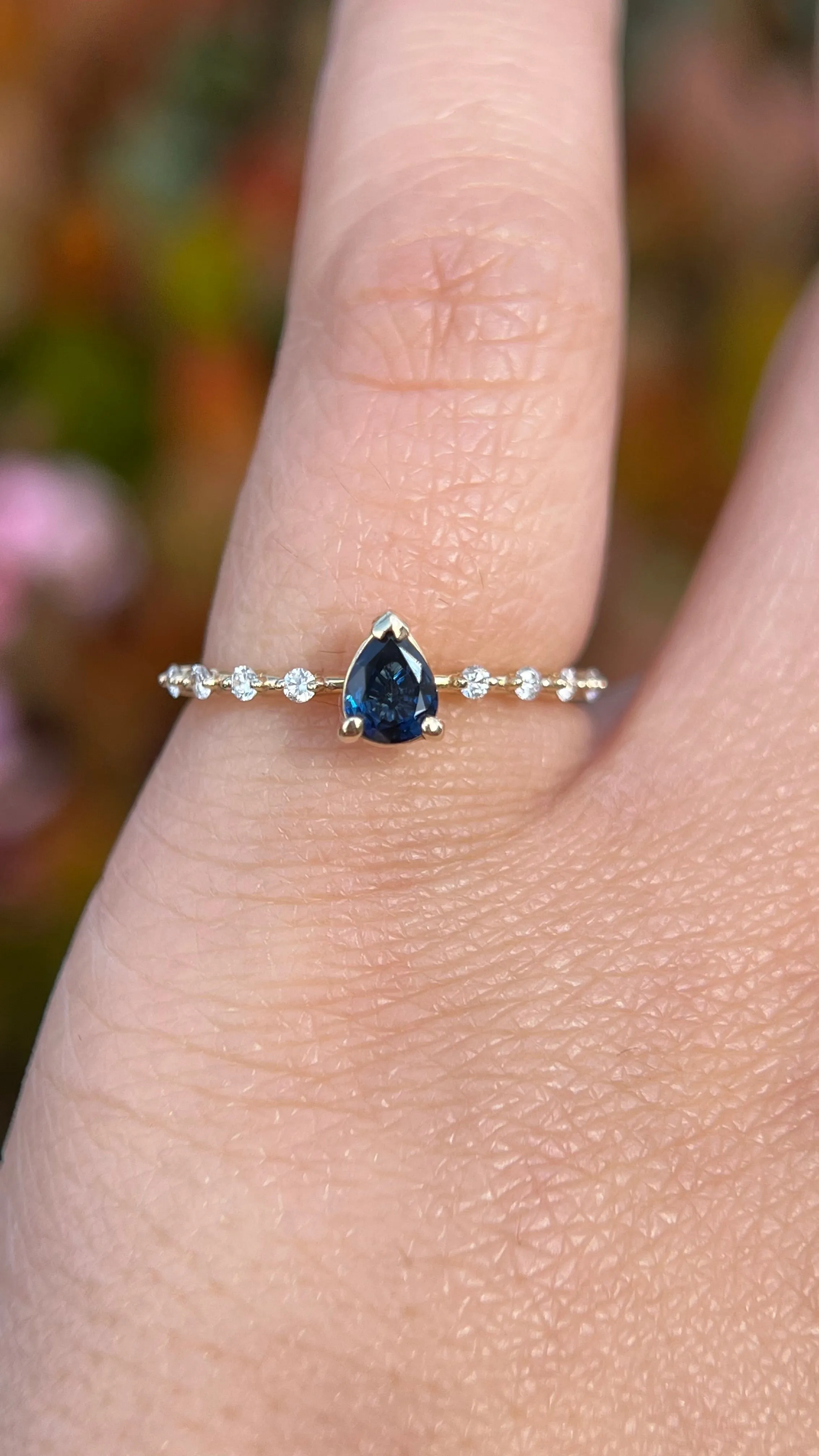 Bella 5x4mm 0.35ct Pear Blue Sapphire Spaced Diamond Ring 14K Gold DFR043