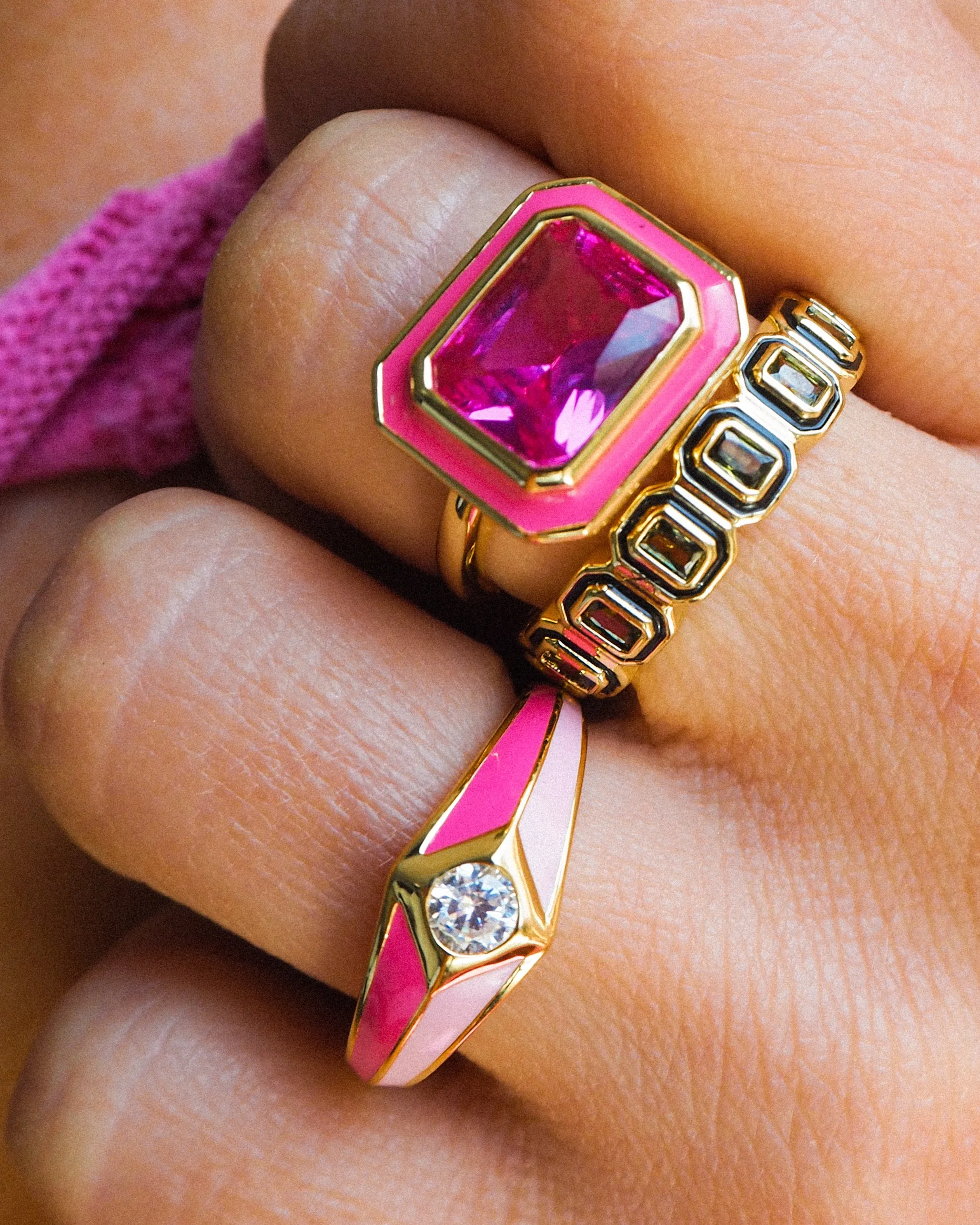 Bezel Statement Ring- Hot Pink- Gold