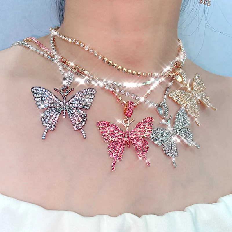 Big Rhinestone Butterfly Pendant Statement Tennis Chain Choker