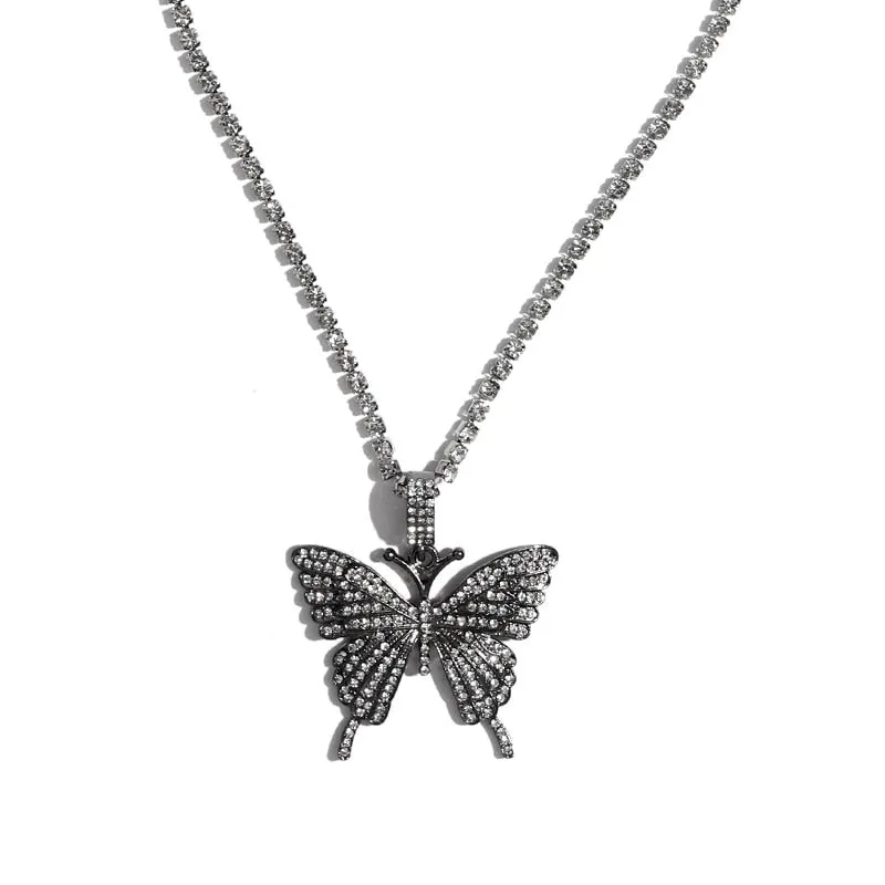 Big Rhinestone Butterfly Pendant Statement Tennis Chain Choker