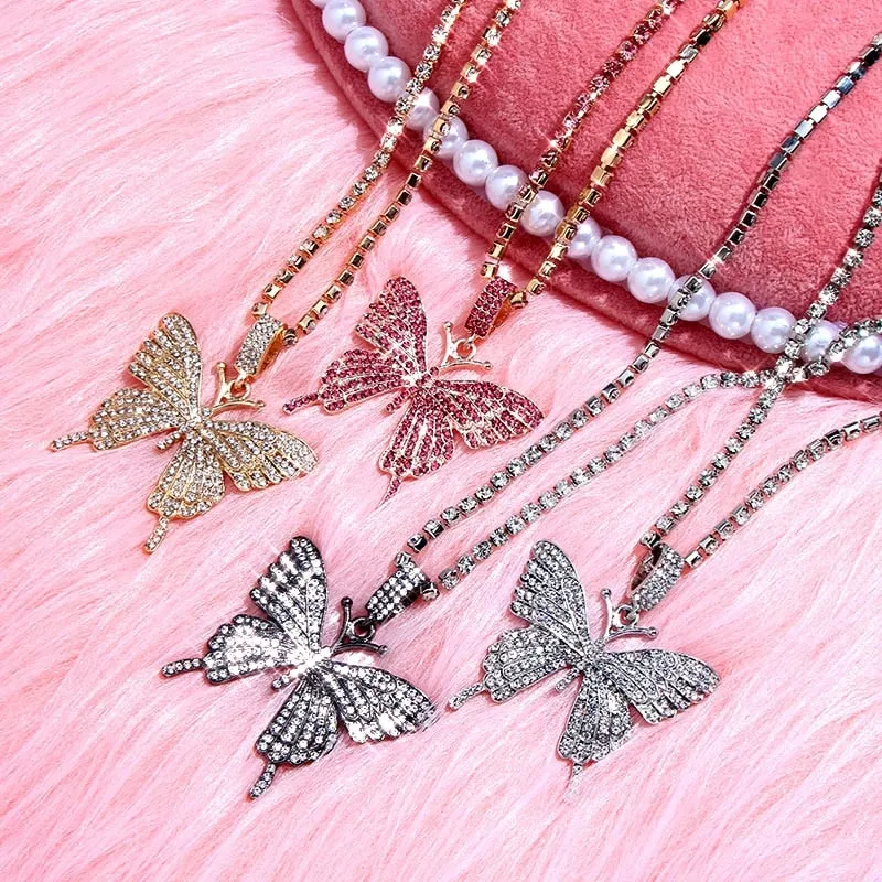 Big Rhinestone Butterfly Pendant Statement Tennis Chain Choker