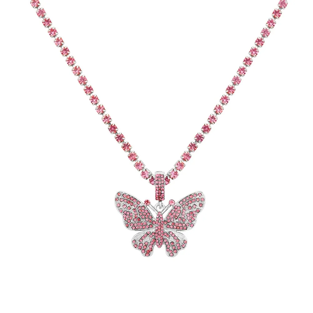 Big Rhinestone Butterfly Pendant Statement Tennis Chain Choker