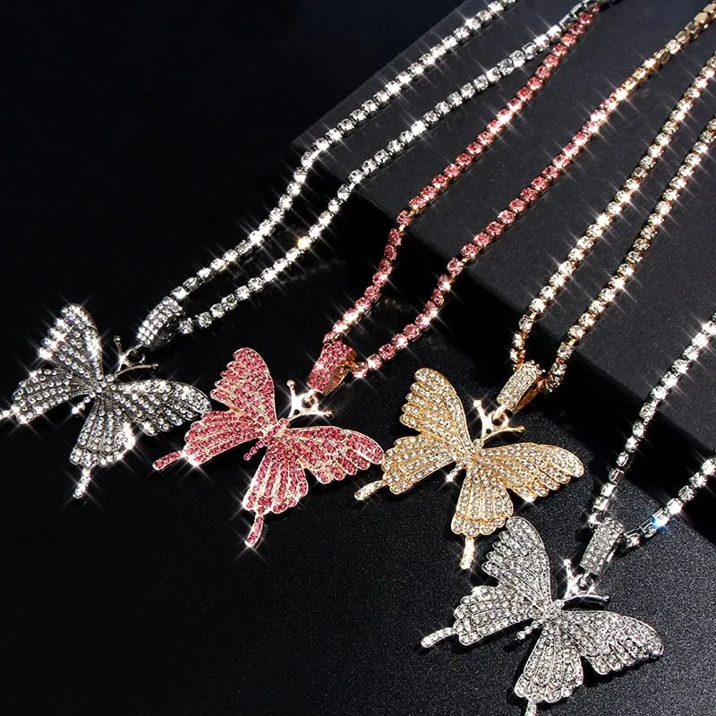 Big Rhinestone Butterfly Pendant Statement Tennis Chain Choker