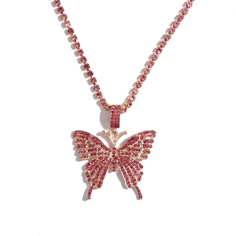 Big Rhinestone Butterfly Pendant Statement Tennis Chain Choker