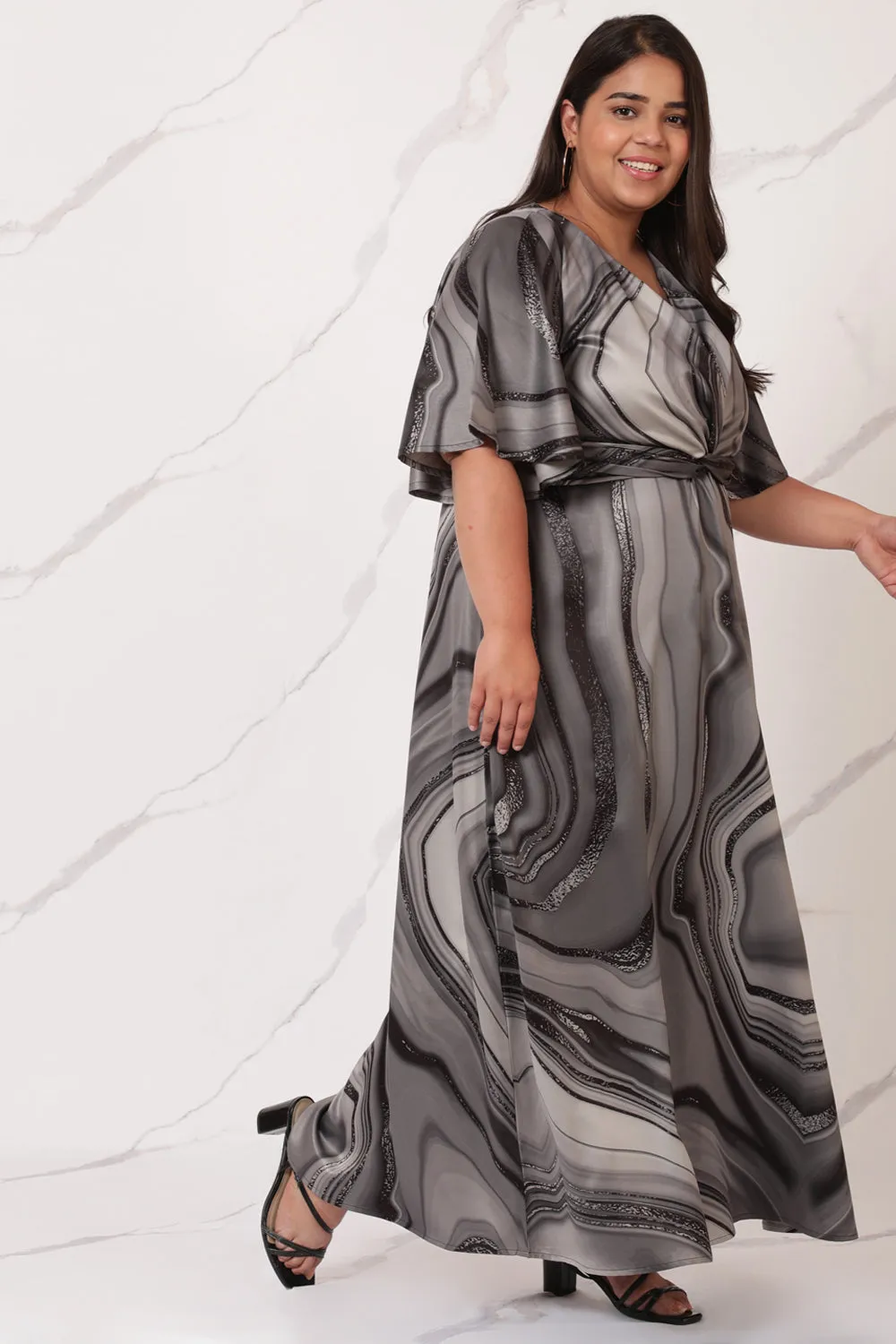 Black Marble Satin Knot Dress