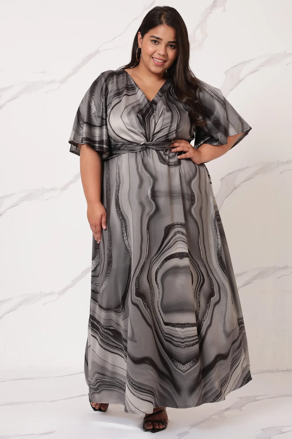 Black Marble Satin Knot Dress