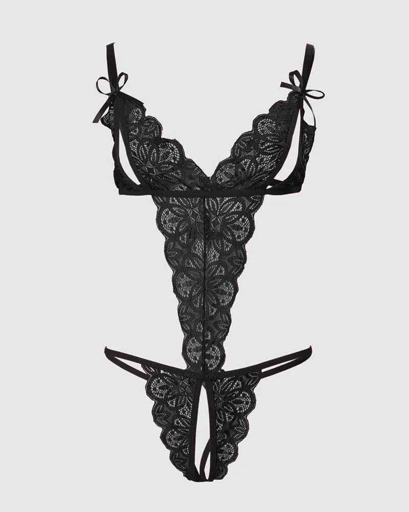 Bow Decor Cutout Backless Crotchless Lace Crotchless Teddy