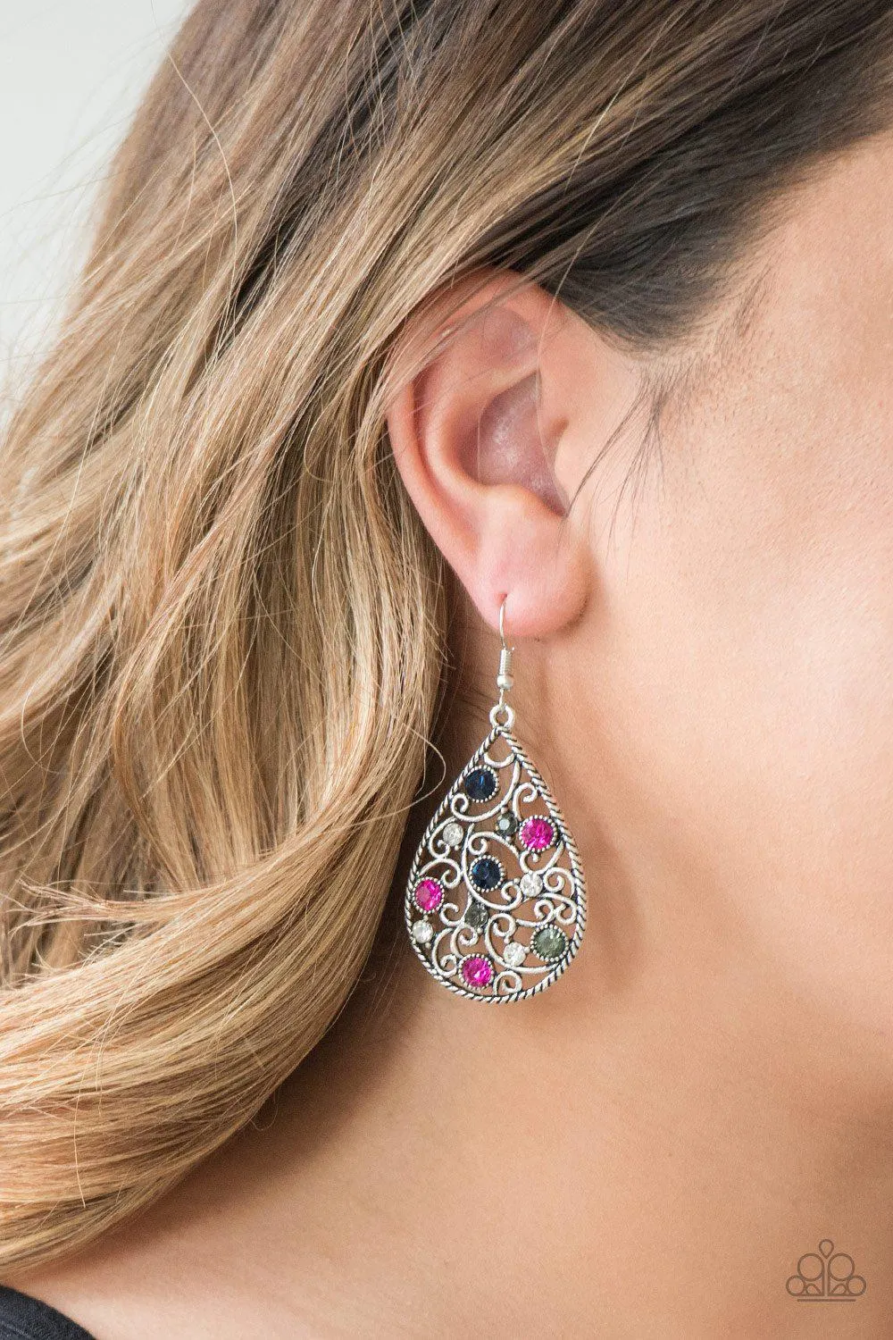 Certainly Courtier Multi - Pink, Blue and Green Gem Teardrop Earrings - Paparazzi Accessories