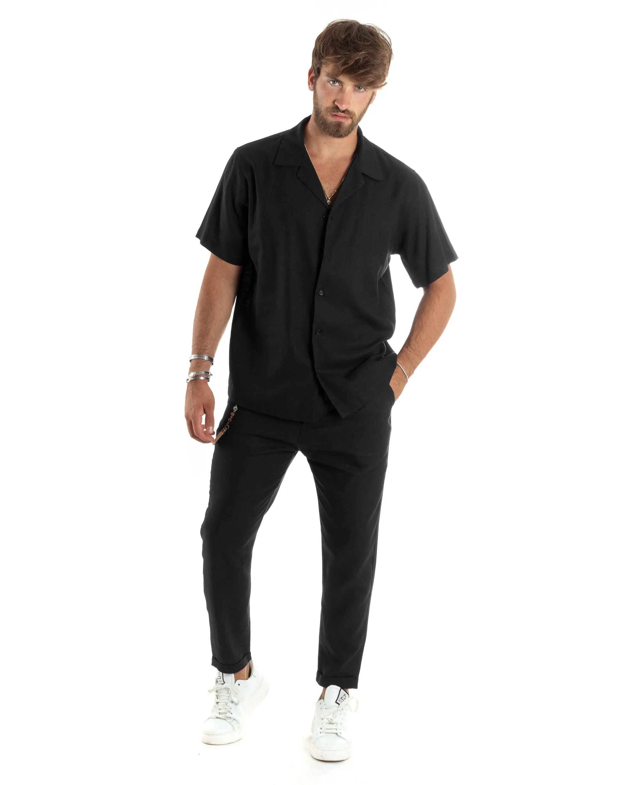 Completo Set Coordinato Uomo Lino Camicia Mezze Maniche Colletto Bowling Pantaloni Classici Con Pinces Outfit Casual Regular Fit Tinta Unita Nero GIOSAL-OU2461A