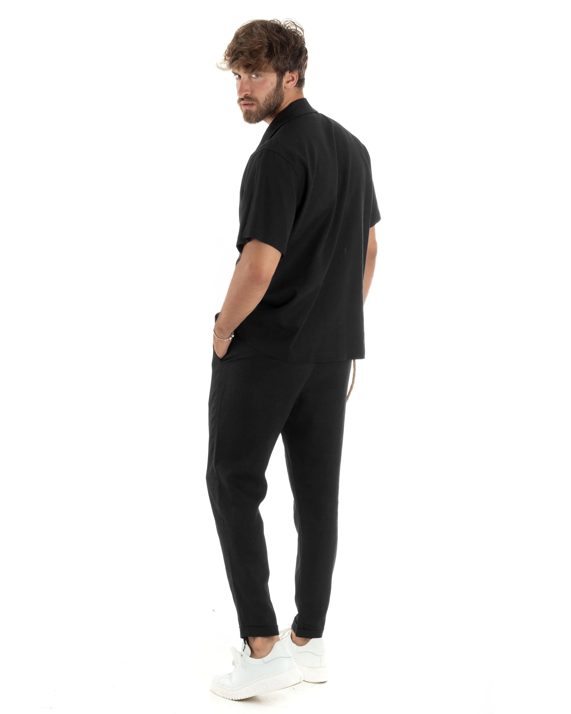 Completo Set Coordinato Uomo Lino Camicia Mezze Maniche Colletto Bowling Pantaloni Classici Con Pinces Outfit Casual Regular Fit Tinta Unita Nero GIOSAL-OU2461A