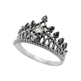 Crown Skull, Skeleton, Love to death, Black Gemstones, Sterling Silver Women Ring