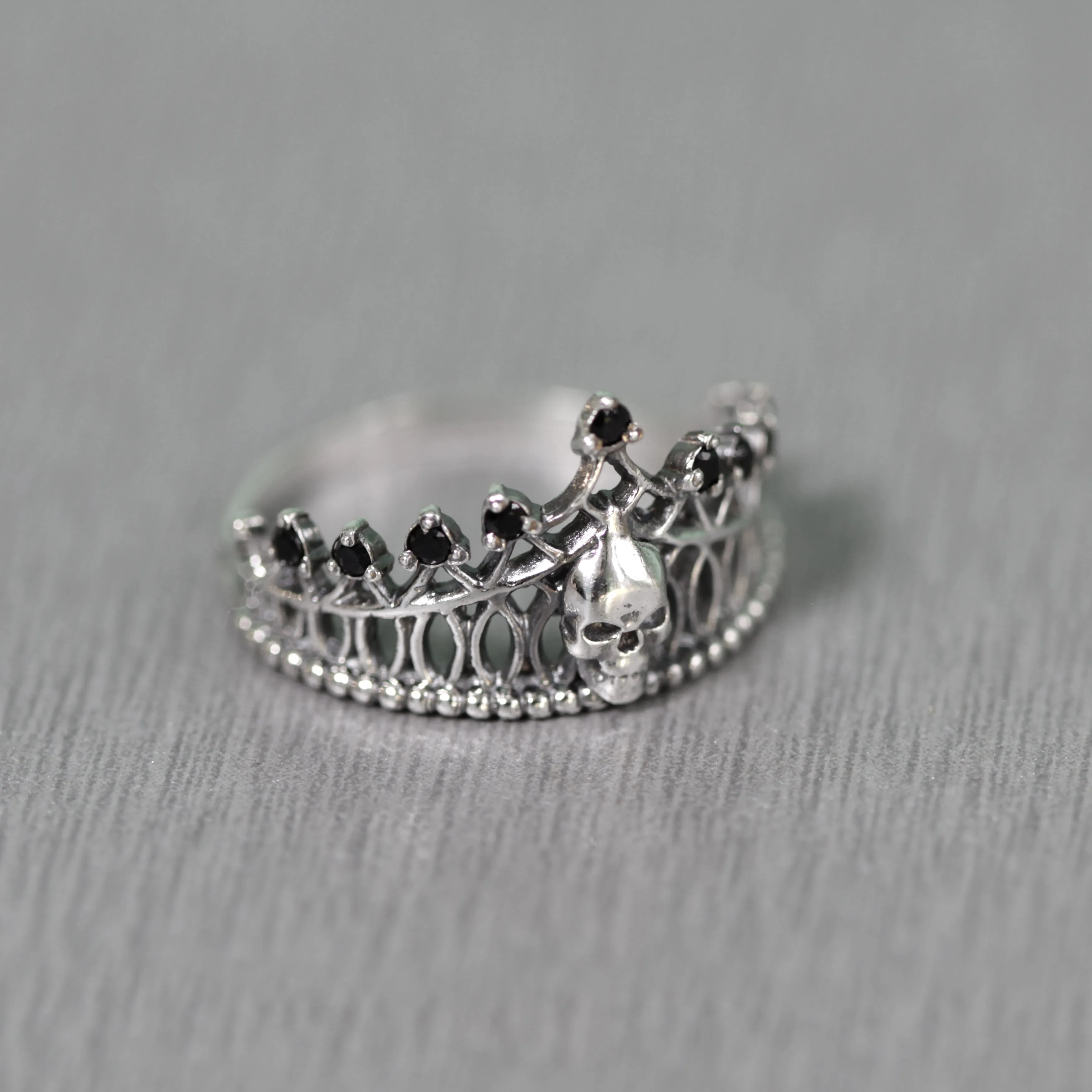 Crown Skull, Skeleton, Love to death, Black Gemstones, Sterling Silver Women Ring