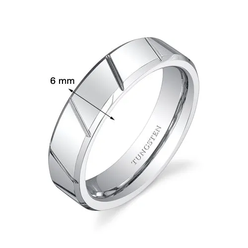 Diagonal Notches 6mm Unisex Tungsten Band Size 6.5