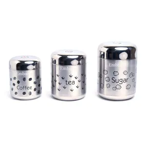 Embassy Stainless Steel Vintage Tea Coffee Sugar Canisters, Set of 3; Approximate Capacity: Tea - 700 ml, Coffee - 500 ml, Sugar - 900 ml