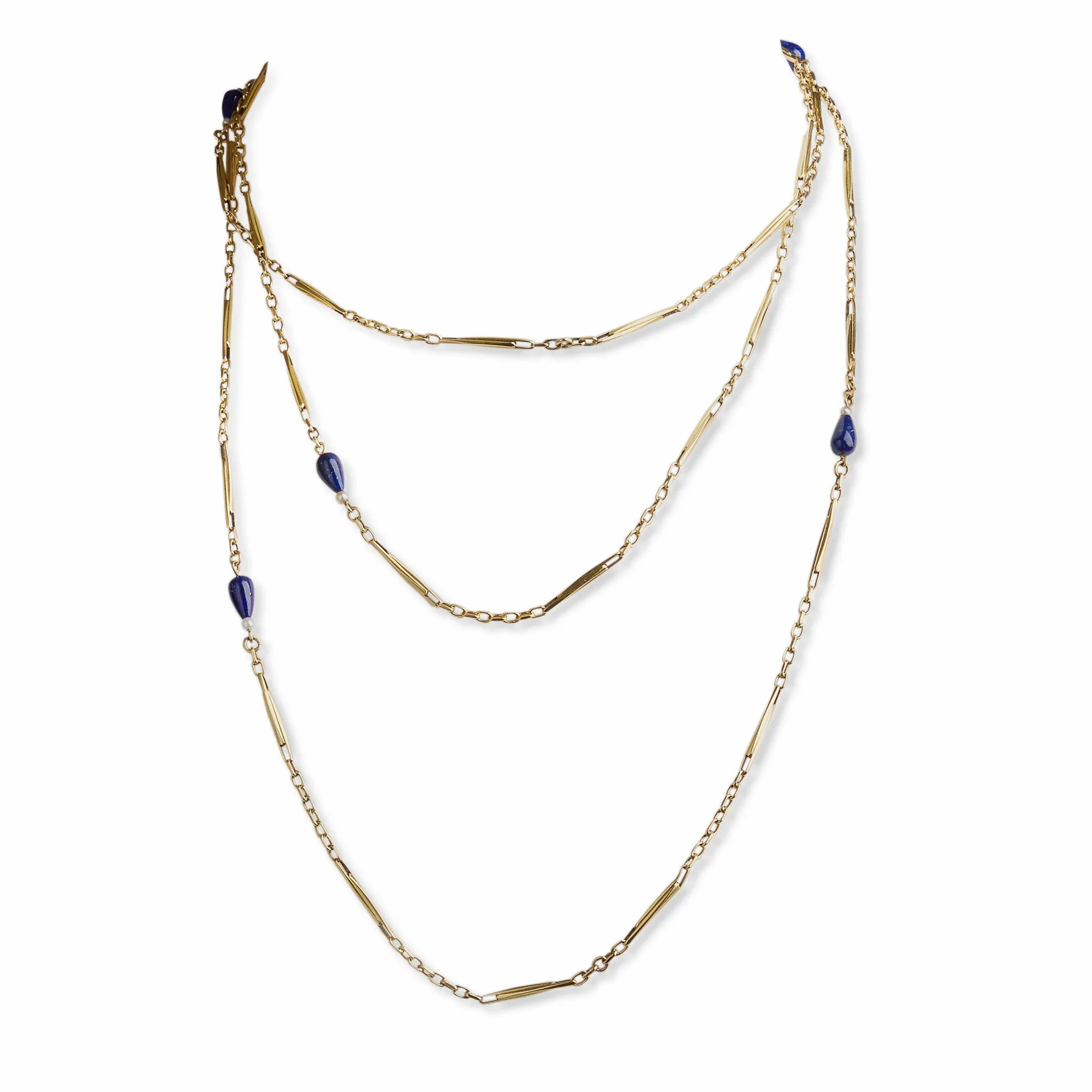 French 18K Gold and Lapis Lazuli Longchain Necklace