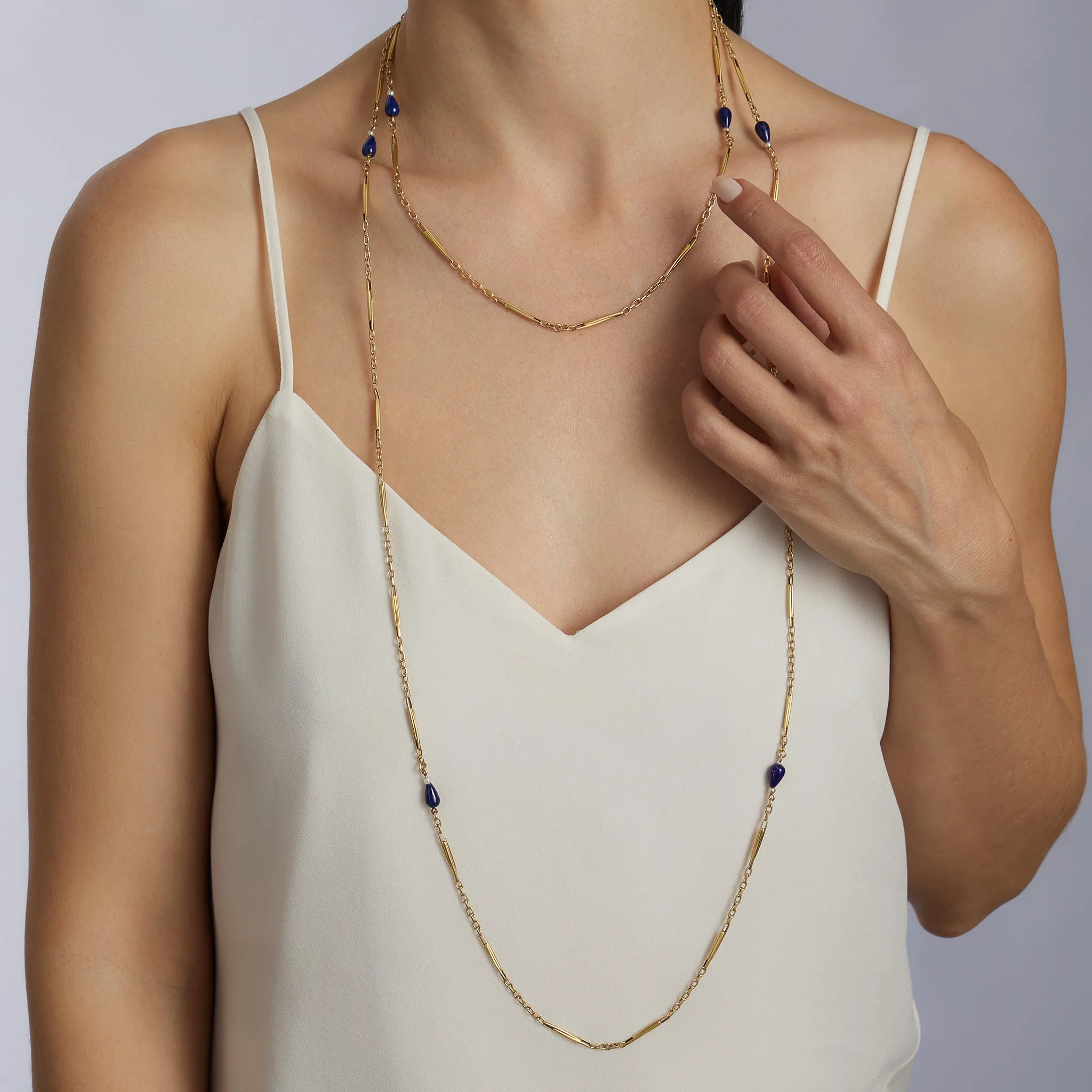 French 18K Gold and Lapis Lazuli Longchain Necklace