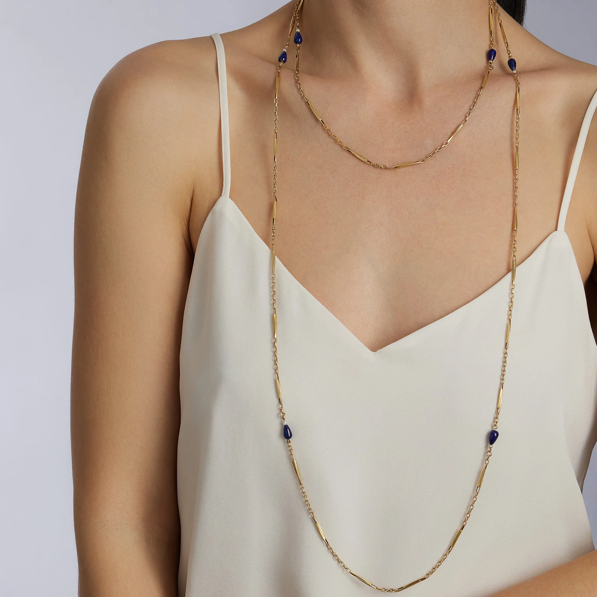 French 18K Gold and Lapis Lazuli Longchain Necklace