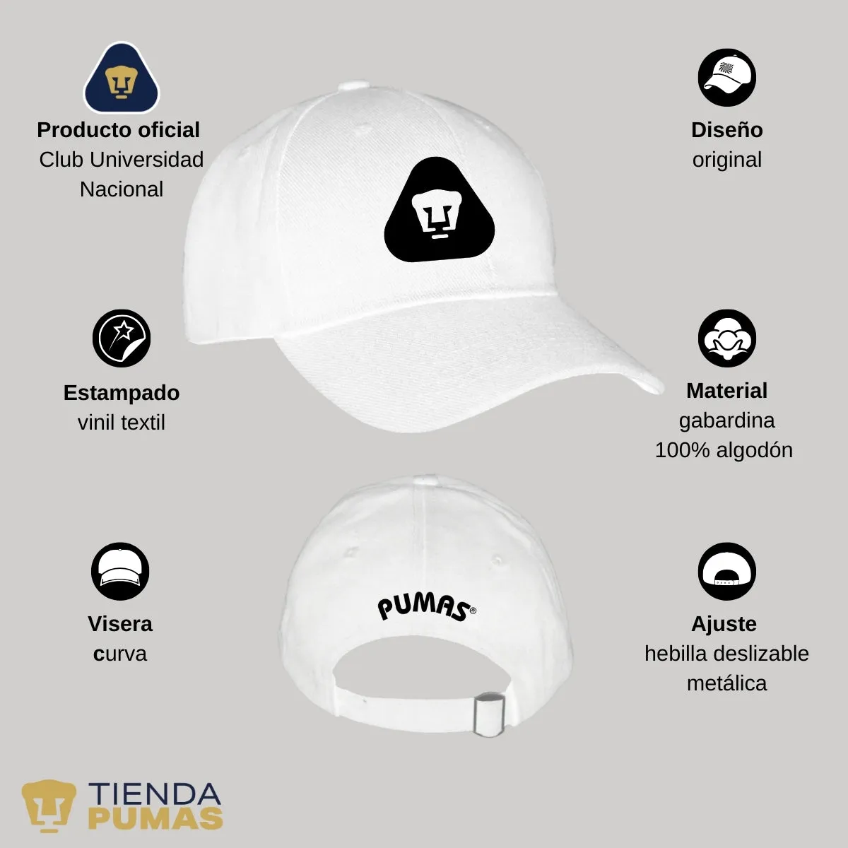 Gorra Pumas UNAM Hombre Mujer Ajustable Emblema Blanco Negro 5 Vinil