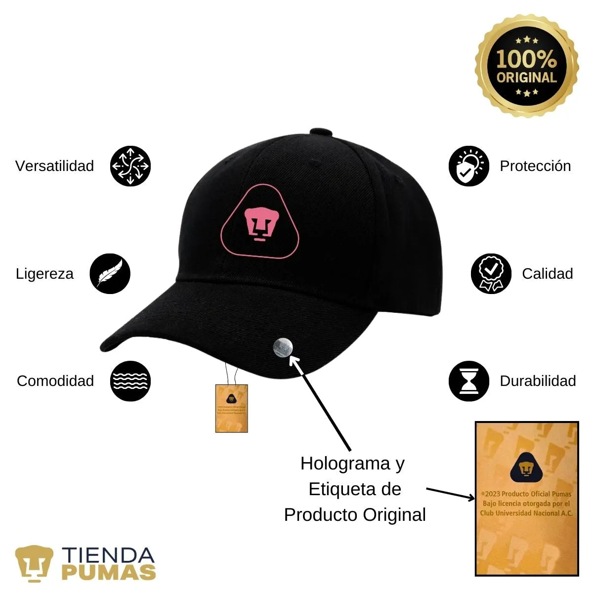 Gorra Pumas UNAM Hombre Mujer Ajustable Emblema Rosa 7 Vinil