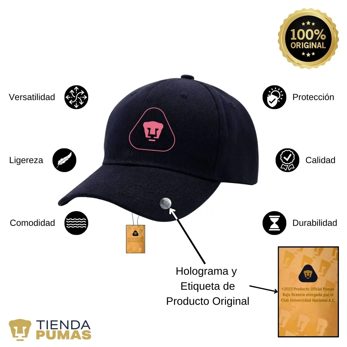 Gorra Pumas UNAM Hombre Mujer Ajustable Emblema Rosa 7 Vinil