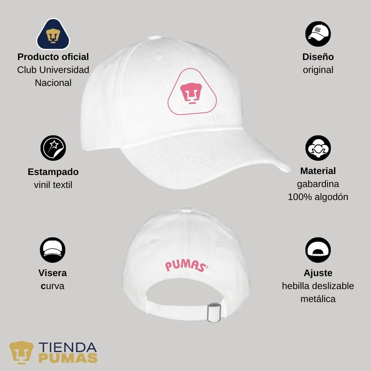 Gorra Pumas UNAM Hombre Mujer Ajustable Emblema Rosa 7 Vinil