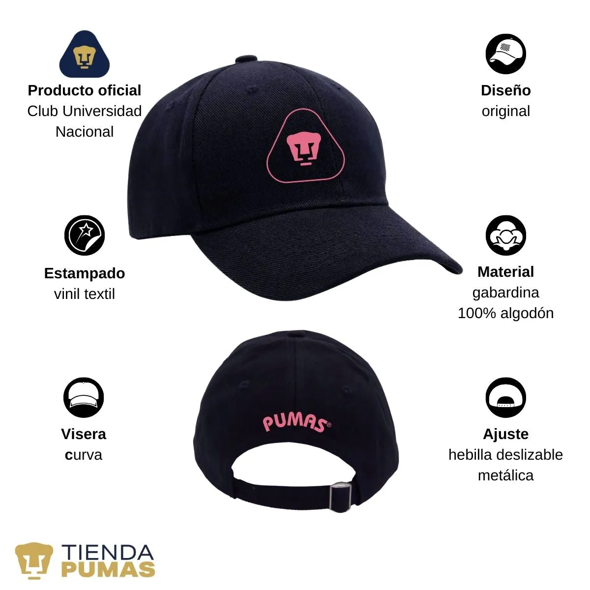 Gorra Pumas UNAM Hombre Mujer Ajustable Emblema Rosa 7 Vinil