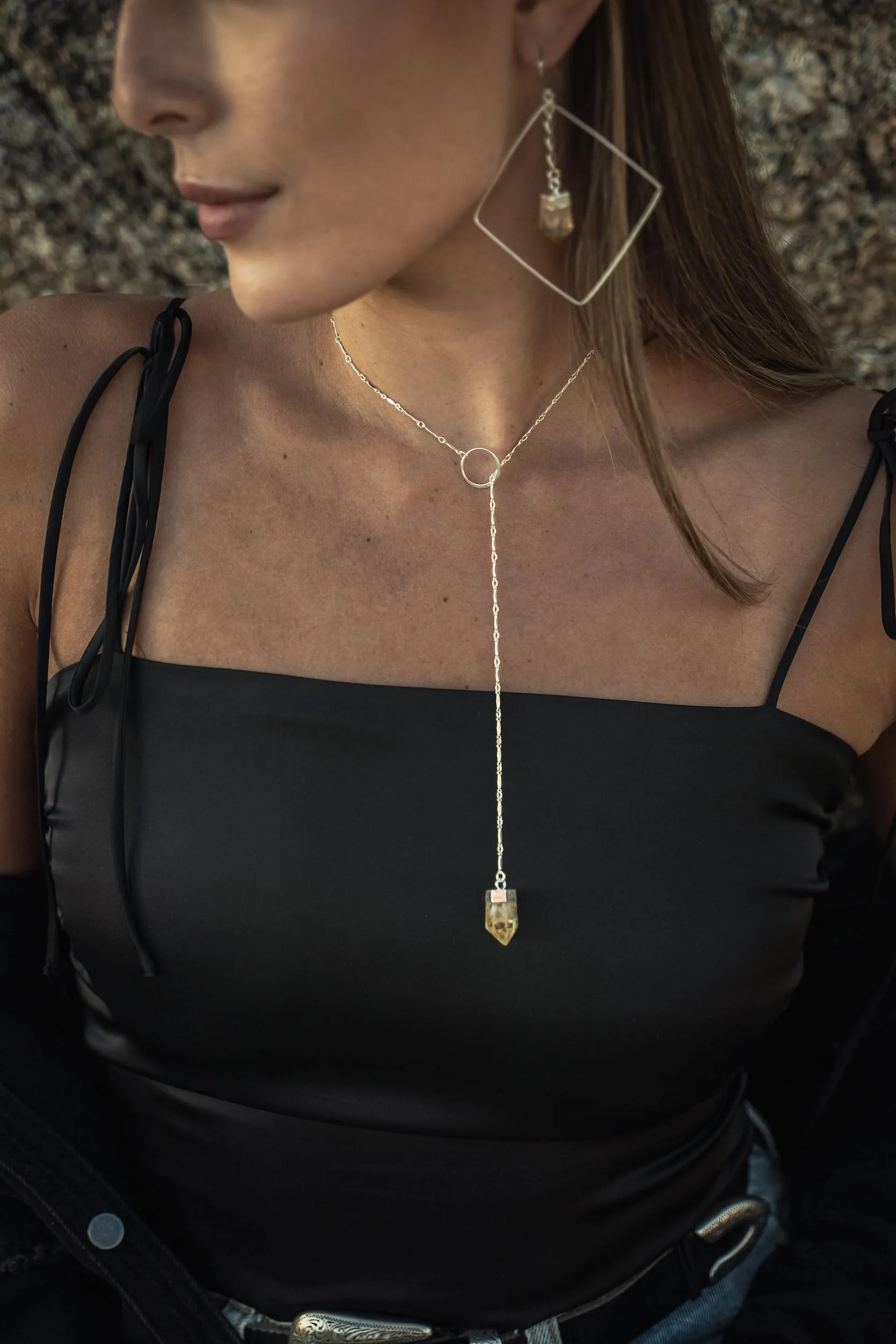 Lighting The Way Citrine Silver Lariat Necklace