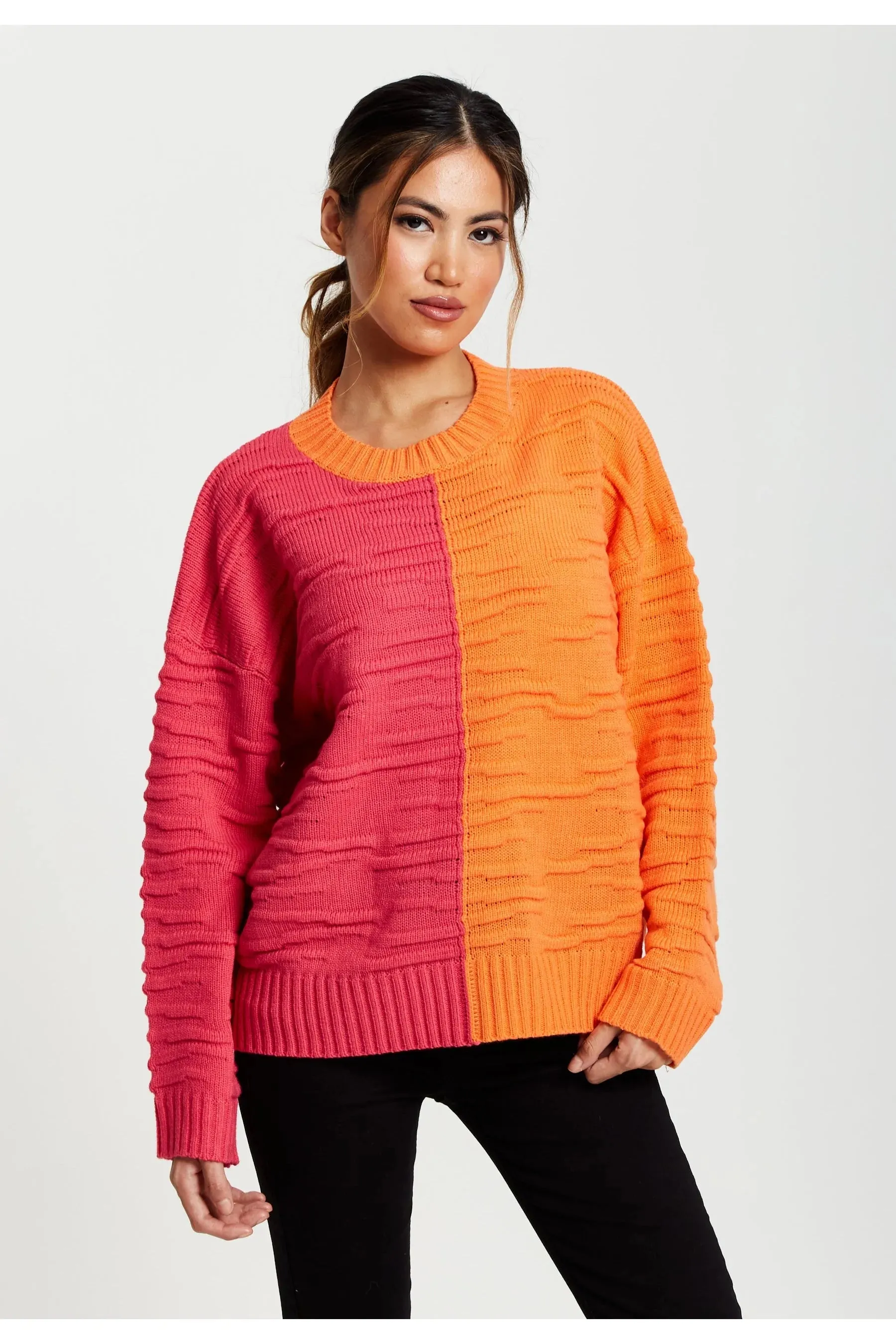 Liquorish Colour Block Jumper In Orange And Pink