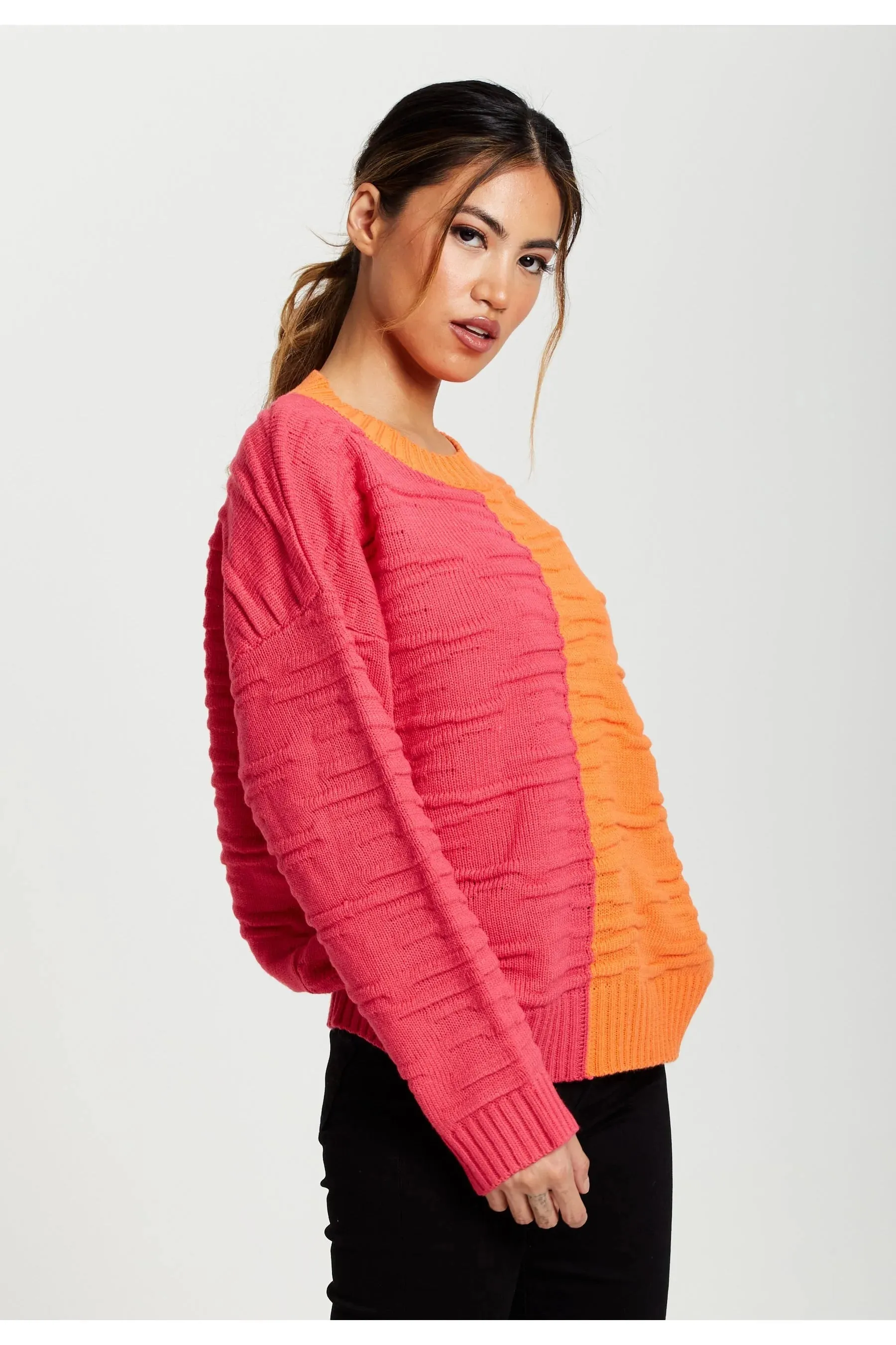 Liquorish Colour Block Jumper In Orange And Pink