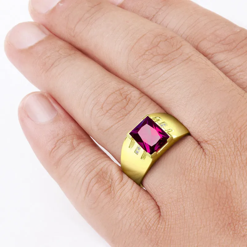 Men's Ring 14k Yellow Gold with Ruby Gemstone and Diamonds