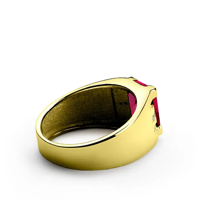 Men's Ring 14k Yellow Gold with Ruby Gemstone and Diamonds