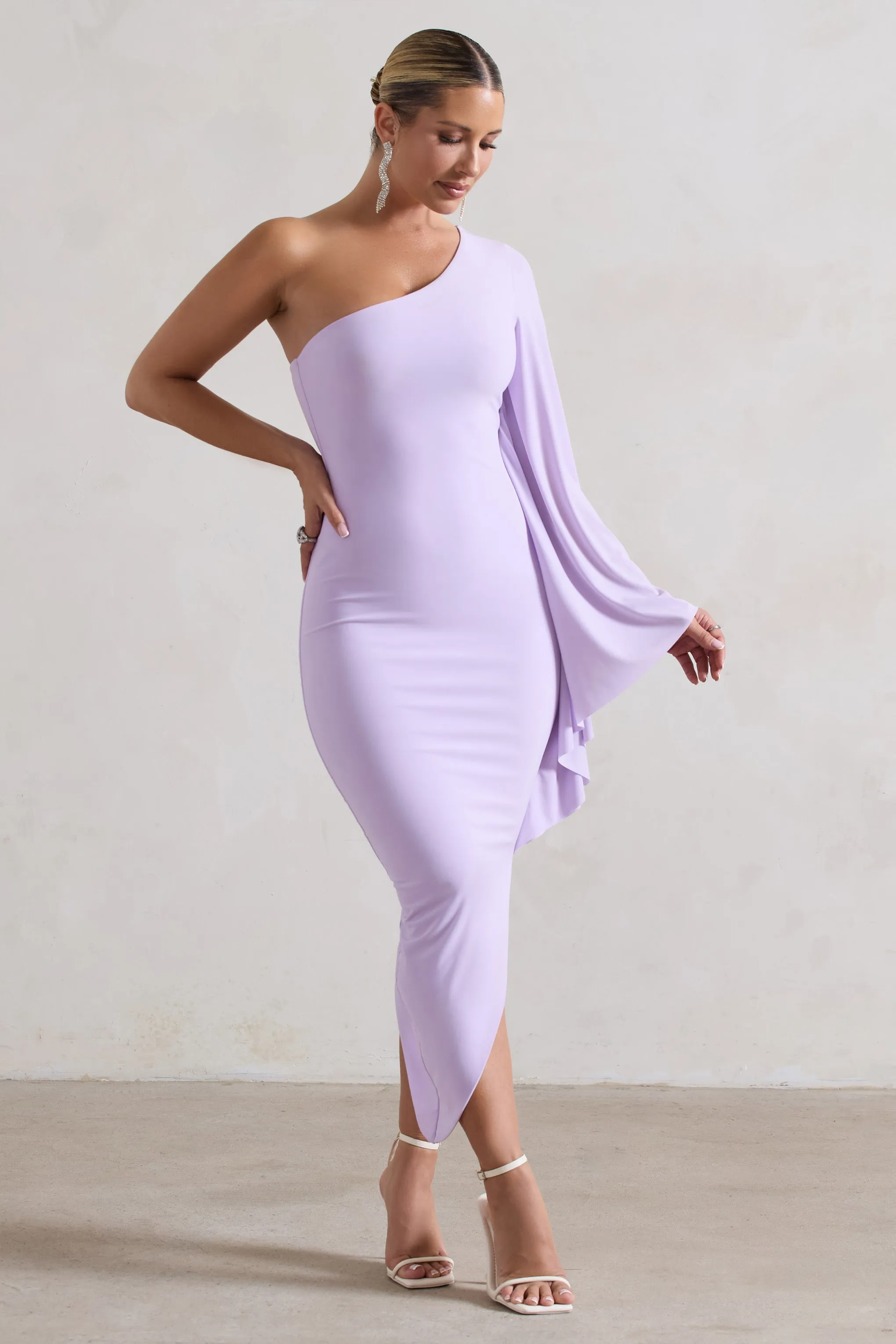 My Level | Lilac Asymmetric One Shoulder Cape Sleeve Midi Dress