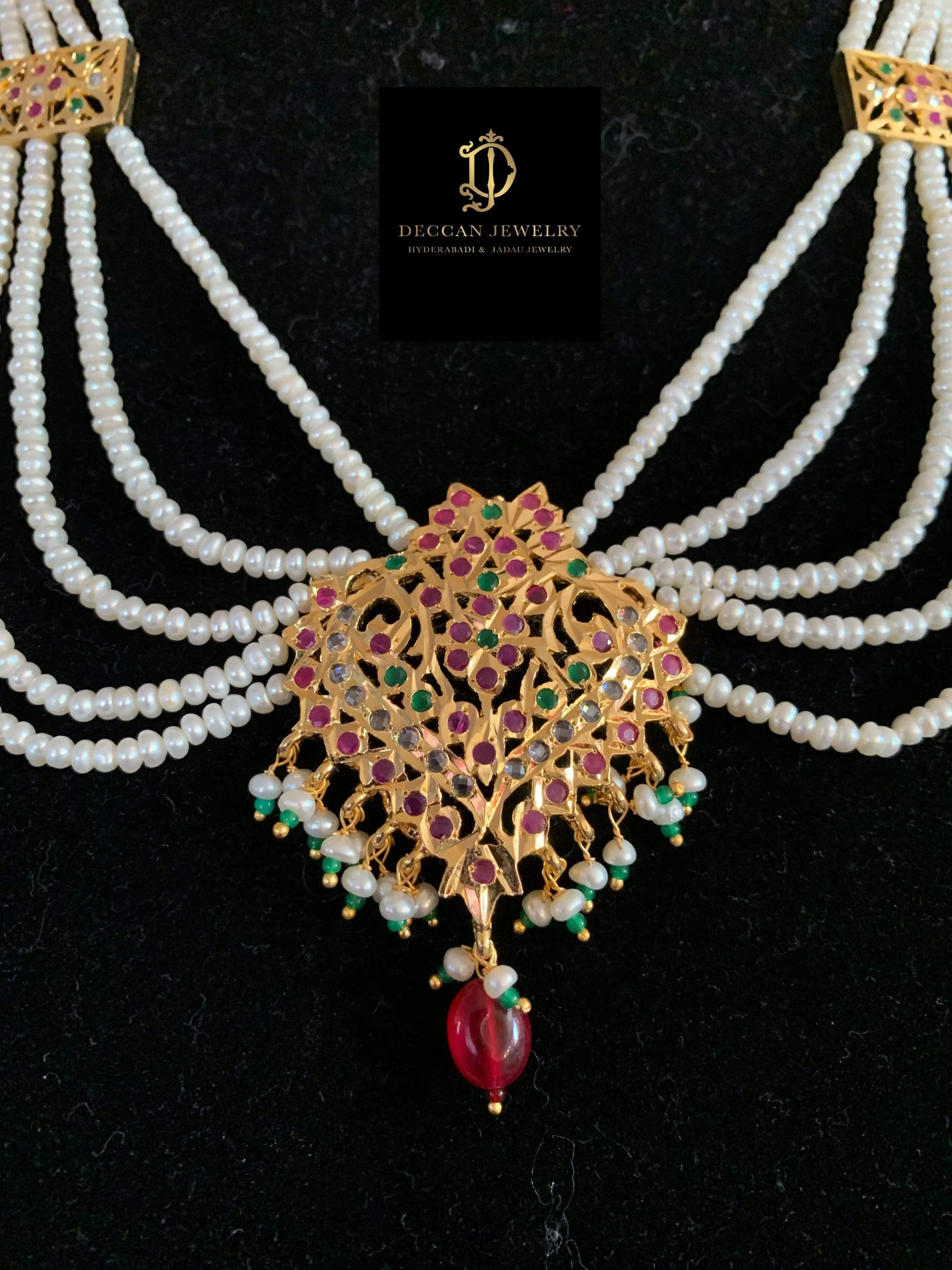 NS103 Sajal necklace in ruby emerald with fresh water  pearls (READY TO SHIP )